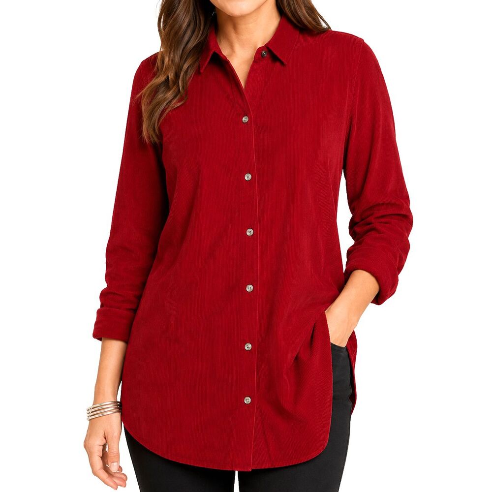J Jill Womens Shirt S Red Corduroy Cotton Button Up Tunic Pockets Long Sleeve